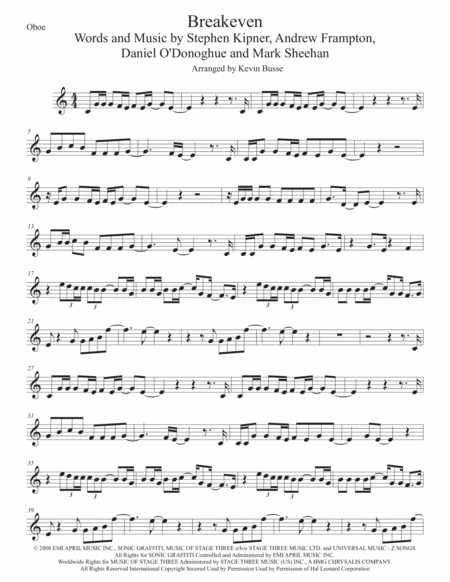 Free Sheet Music Breakeven Oboe Easy Key Of C
