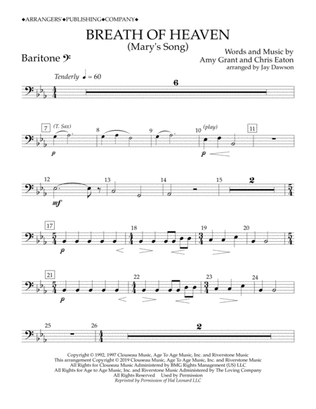 Breath Of Heaven Marys Song Arr Jay Dawson Baritone B C Sheet Music