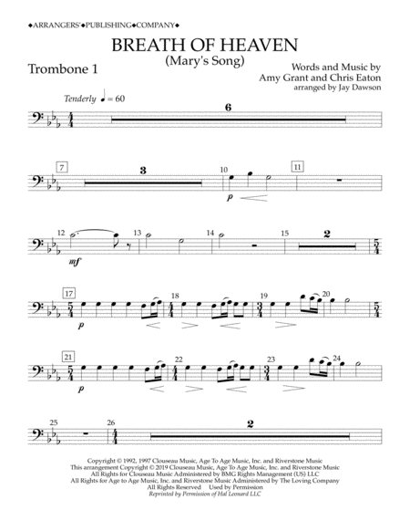 Breath Of Heaven Marys Song Arr Jay Dawson Trombone 1 Sheet Music