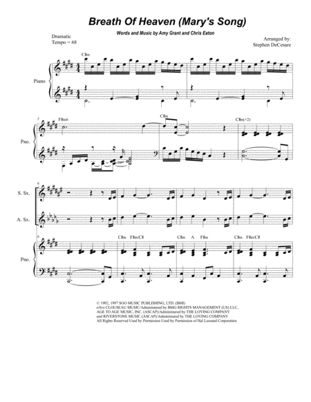 Breath Of Heaven Marys Song For Saxophone Quartet Sheet Music