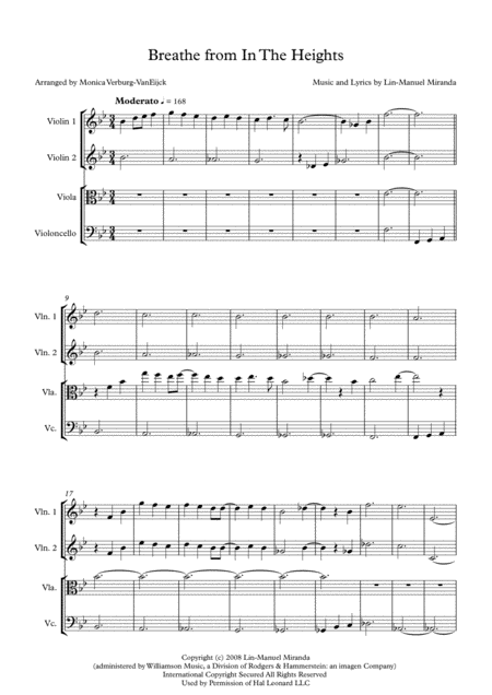 Breathe From In The Heights String Quartet Sheet Music