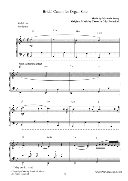 Free Sheet Music Bridal Canon In Bb Organ Solo Miranda Wong