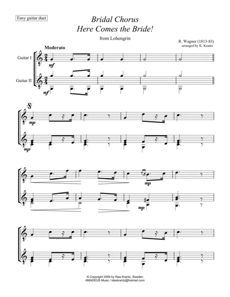 Free Sheet Music Bridal Chorus Here Comes The Bride For Easy Guitar Duet