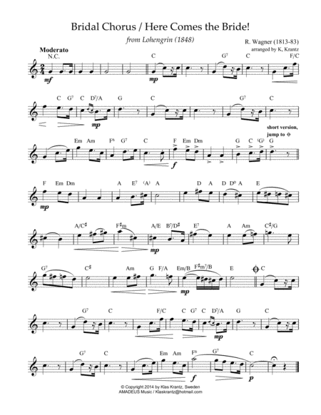 Free Sheet Music Bridal Chorus Here Comes The Bride Lead Sheet With Guitar Chords C Major