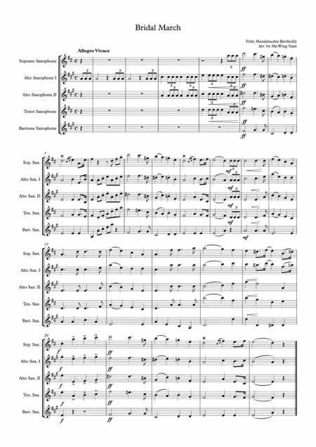 Bridal March For Saxphone Quintet Wedding March Sheet Music