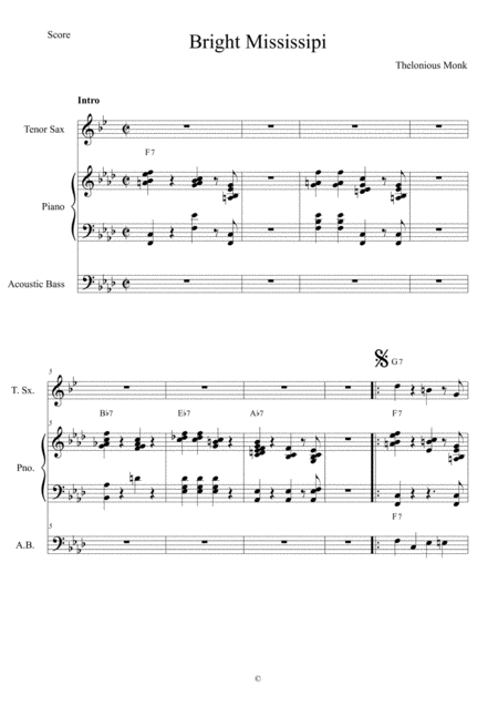 Free Sheet Music Bright Mississippi Score And Individual Parts Tenor Sax Piano Bass