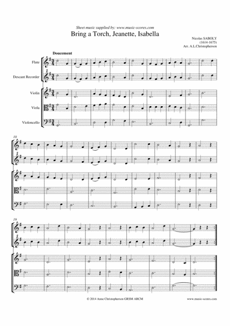 Bring A Torch Jeanette Isabella Flute Recorder Violin Viola Cello Sheet Music