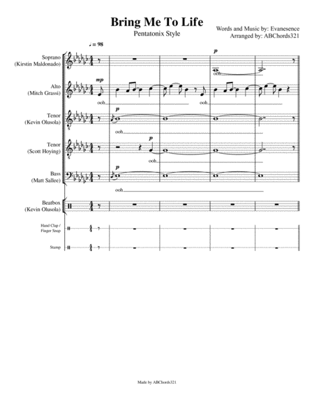 Bring Me To Life Sattb Pentatonix Style Sheet Music