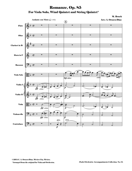 Bruch Romanze For Viola And Orchestra Op 85 Accompaniment Reduction For Wind Quintet String Quintet Score Sheet Music