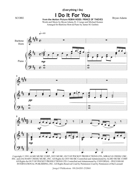 Bryan Adams Everything I Do I Do It For You For Baritone Horn Piano Sheet Music