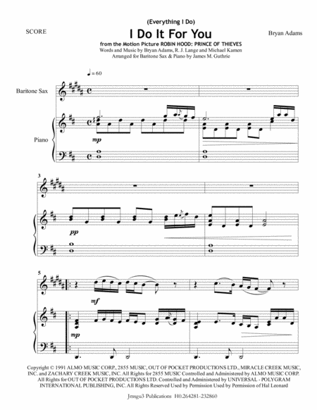 Bryan Adams Everything I Do I Do It For You For Baritone Sax Piano Sheet Music