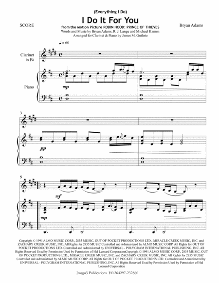 Free Sheet Music Bryan Adams Everything I Do I Do It For You For Clarinet Piano