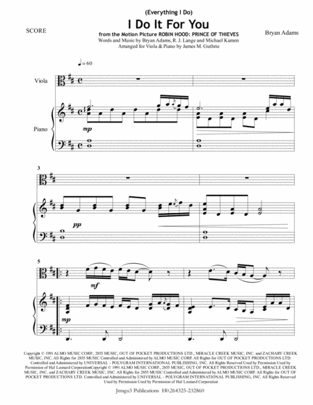 Bryan Adams Everything I Do I Do It For You For Viola Piano Sheet Music