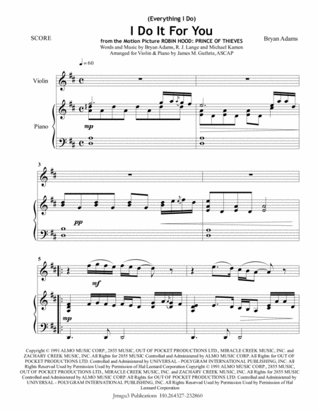 Bryan Adams Everything I Do I Do It For You For Violin Piano Sheet Music