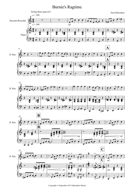 Burnies Ragtime For Recorder And Piano Sheet Music