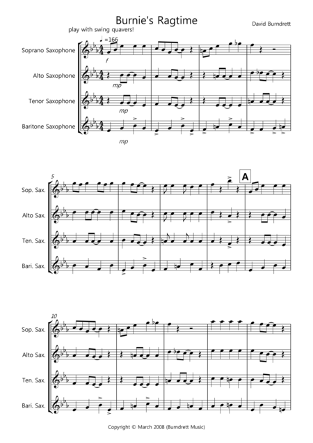 Free Sheet Music Burnies Ragtime For Saxophone Quartet