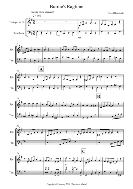 Free Sheet Music Burnies Ragtime For Trumpet And Trombone Duet