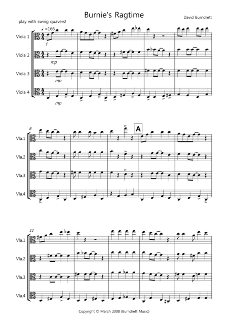 Free Sheet Music Burnies Ragtime For Viola Quartet