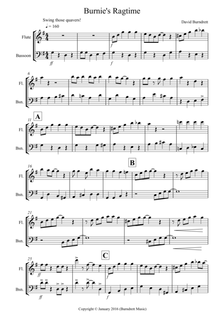 Burniess Ragtime For Flute And Bassoon Duet Sheet Music