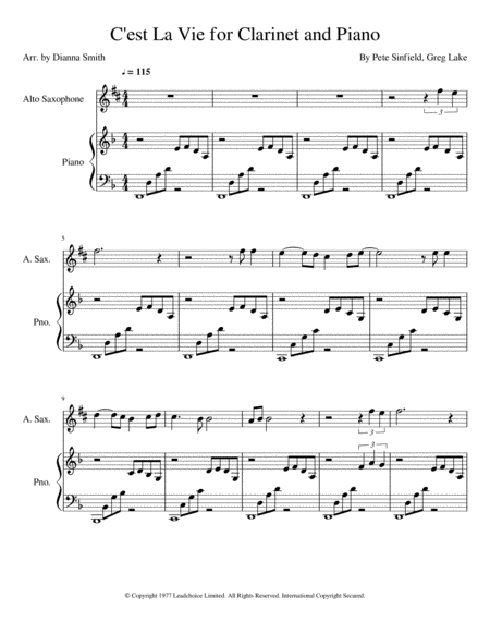 C Est La Vie By Elp For Alto Saxophone And Piano Accompaniment Sheet Music