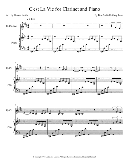 C Est La Vie By Elp For Eb Clarinet And Piano Accompaniment Sheet Music