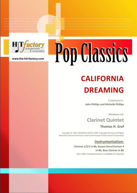 Free Sheet Music California Dreaming Beach Boys Mamas The Papas Clarinet Quintet