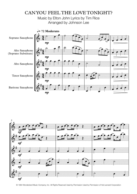 Can You Feel The Love Tonight For Saxophone Quartet Sheet Music