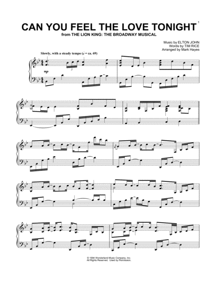 Can You Feel The Love Tonight From The Lion King Arr Mark Hayes Sheet Music