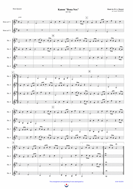 Canon Bona Nox Mozart Sheet Music
