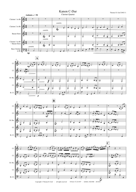 Free Sheet Music Canon C Major Kanon C Dur Clarinet Quartet
