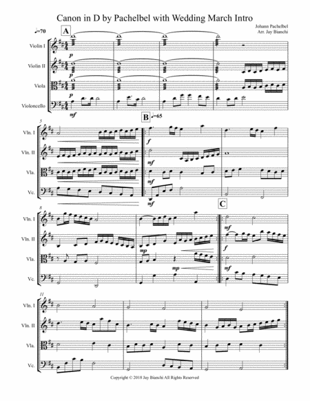 Canon In D By Pachelbel With Wedding March Intro For String Quartet Sheet Music