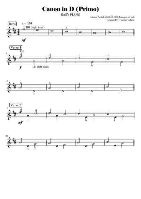 Canon In D Easy Piano Duet With Note Names And Finger Numbers Sheet Music