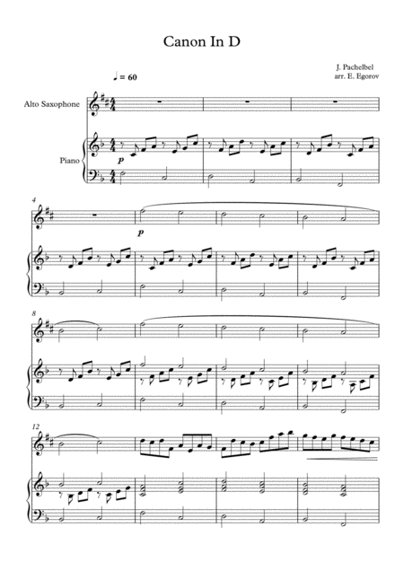 Free Sheet Music Canon In D Johann Pachelbel For Alto Saxophone Piano