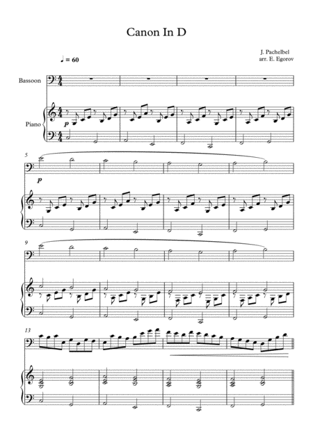 Canon In D Johann Pachelbel For Bassoon Piano Sheet Music