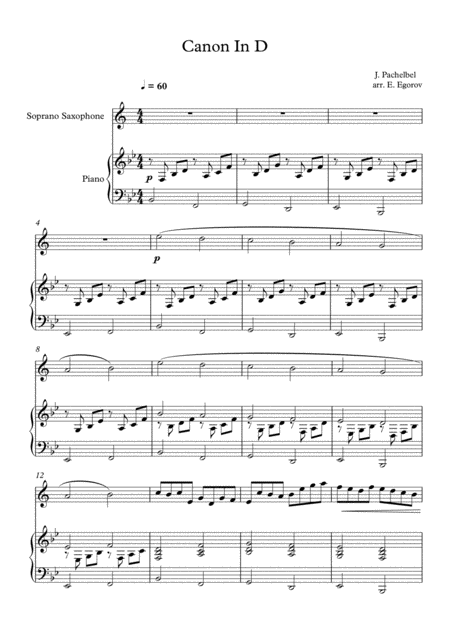 Free Sheet Music Canon In D Johann Pachelbel For Soprano Saxophone Piano