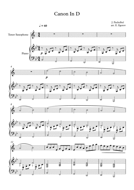 Free Sheet Music Canon In D Johann Pachelbel For Tenor Saxophone Piano