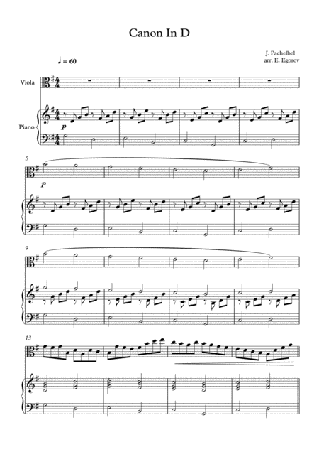 Free Sheet Music Canon In D Johann Pachelbel For Viola Piano