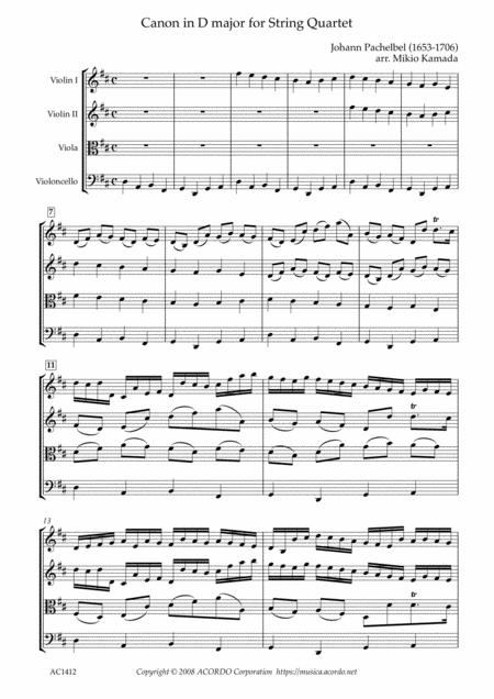 Free Sheet Music Canon In D Major For String Quartet