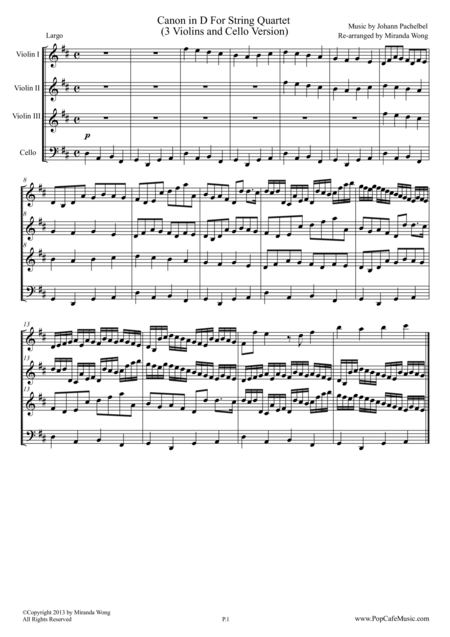 Free Sheet Music Canon In D String Quartet 3 Violins Cello Wedding Version