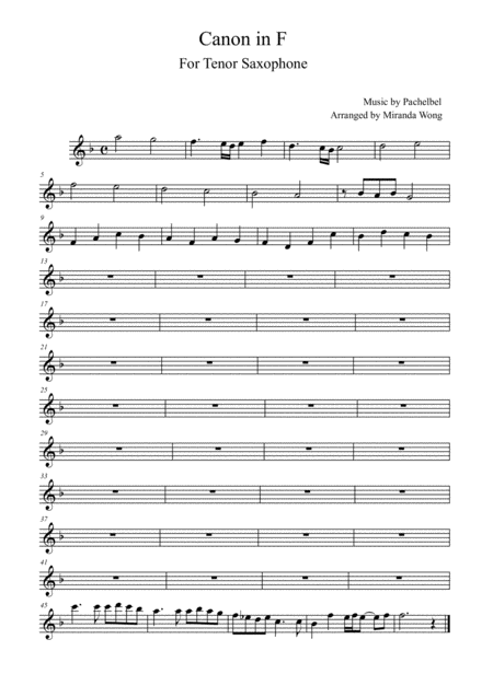 Canon In D Tenor Or Soprano Saxophone Solo In F Key Sheet Music