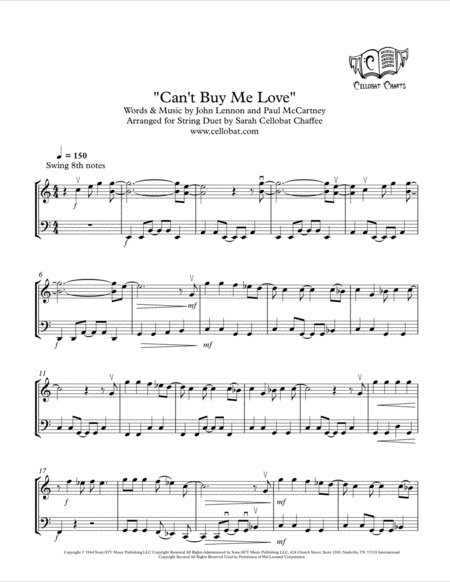 Cant Buy Me Love Violin Cello Duet Beatles Arr Cellobat Recording Available Sheet Music