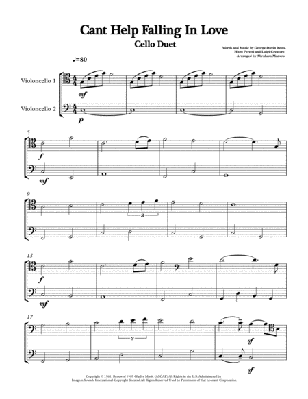 Cant Help Falling In Love Cello Duet Two Tonalities Included Sheet Music