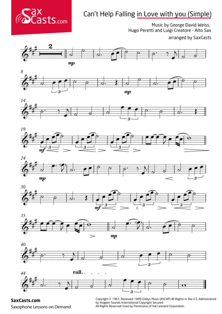Free Sheet Music Cant Help Falling In Love Easier Version Eb