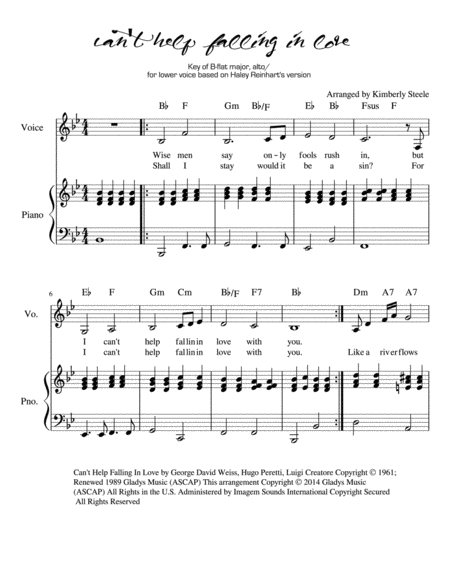 Cant Help Falling In Love For Piano And Lower Voice Alto Based On Haley Reinharts Version Sheet Music