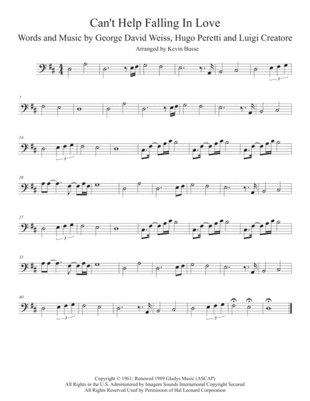 Cant Help Falling In Love Original Key Euphonium Sheet Music