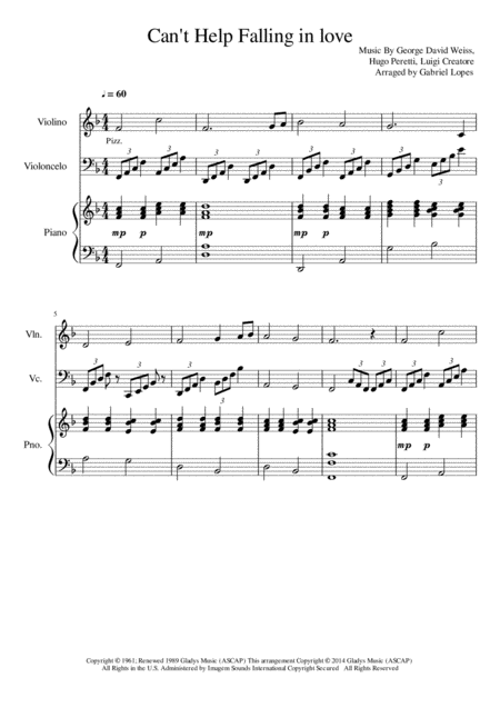 Free Sheet Music Cant Help Falling In Love Piano Violin And Cello
