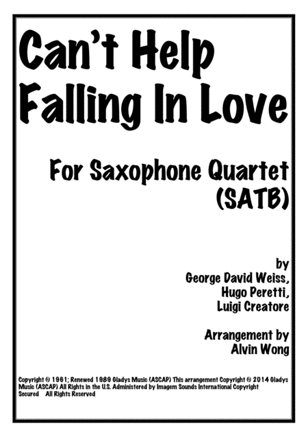 Cant Help Falling In Love Saxophone Quartet Sheet Music