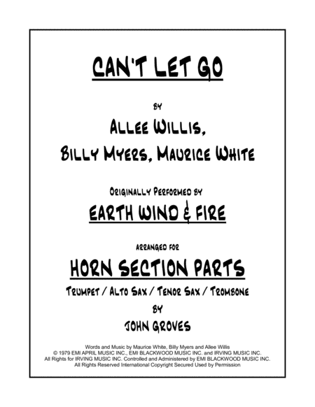 Cant Let Go Trumpet Alto Sax Tenor Sax Trombone Horn Section Only Sheet Music