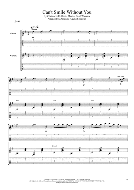 Free Sheet Music Cant Smile Without You Duet Guitar Tablature