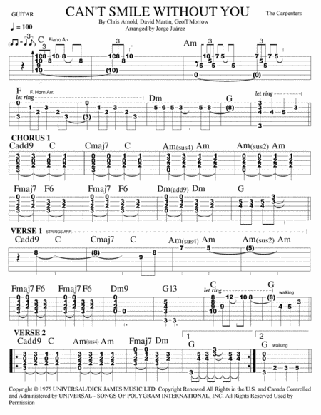 Free Sheet Music Cant Smile Without You Guitar Tab